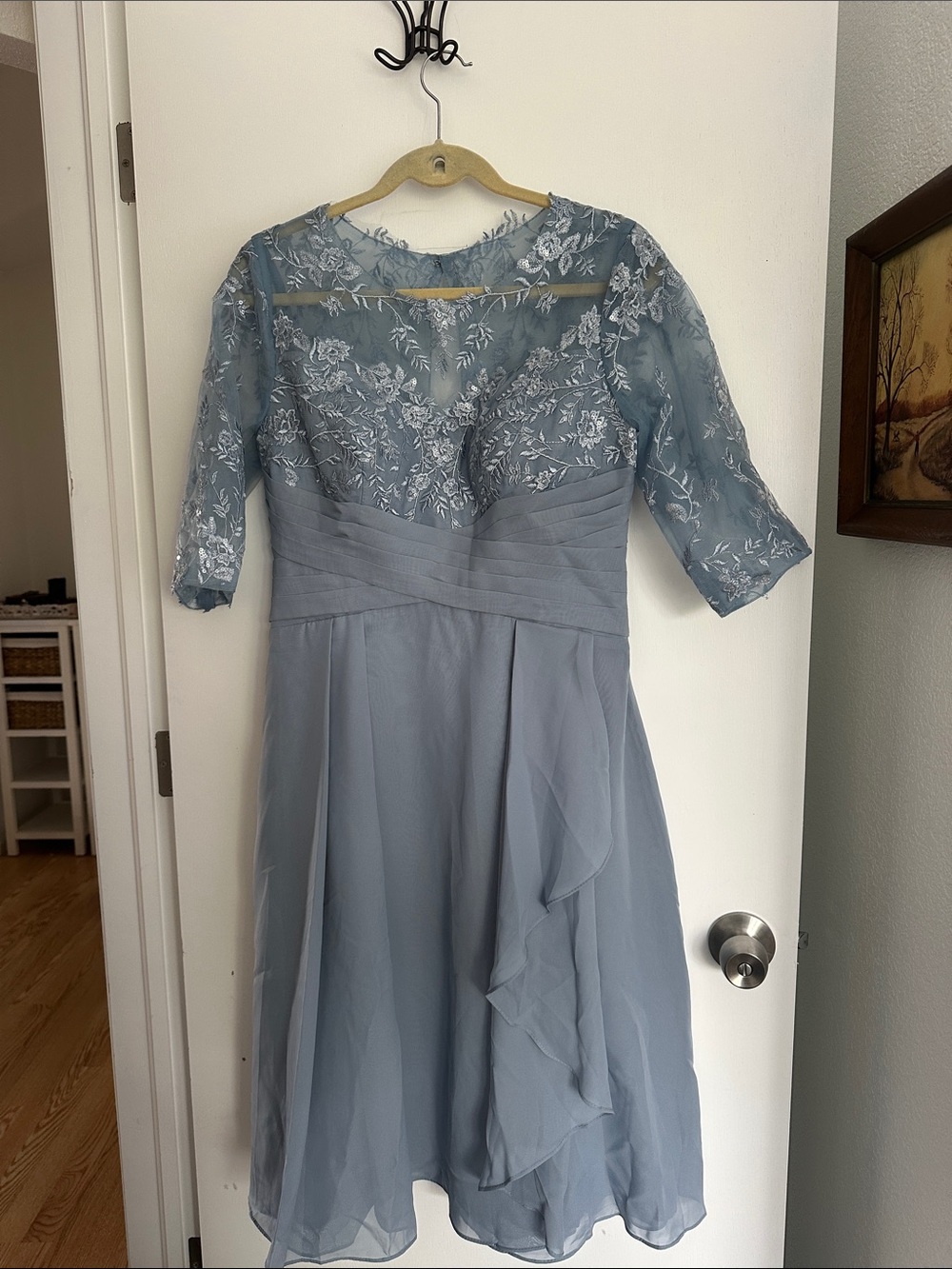 Dusty Blue Formal Dress | Embroidered Lace Bodice | MOB Wedding Guest